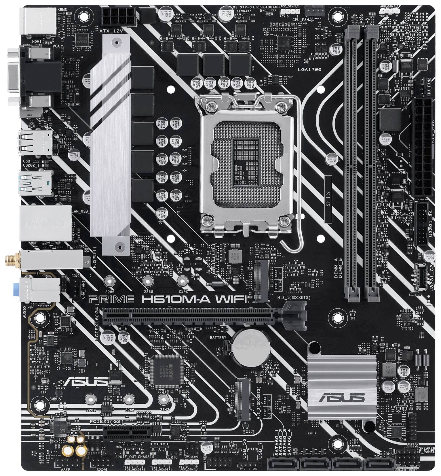 Ein Computer-Motherboard mit verschiedenen Steckplätzen, Anschlüssen und einem CPU-Sockel in der Mitte. Modell: 'PRIME H610M-A WIFI'.