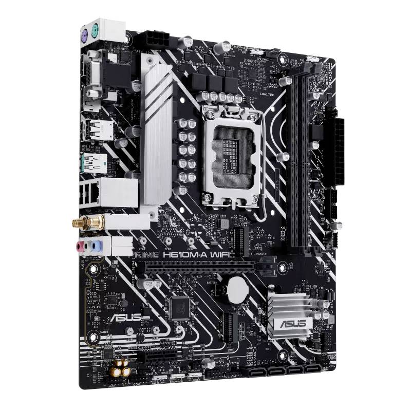 Mainboard mit PCIe-Steckplätze, RAM-Steckplätze und CPU-Sockel, Modell 'ASUS PRIME H610M-A WIFI'. Schwarz mit weißen Details.