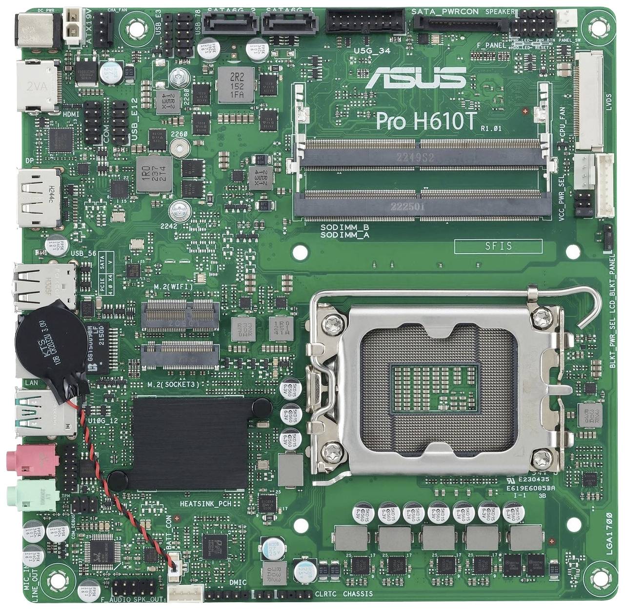 'ASUS Pro H610T Mainboard' zeigt elektronische Komponenten, Steckplätze und Anschlüsse in Nahaufnahme für Computerintegration.