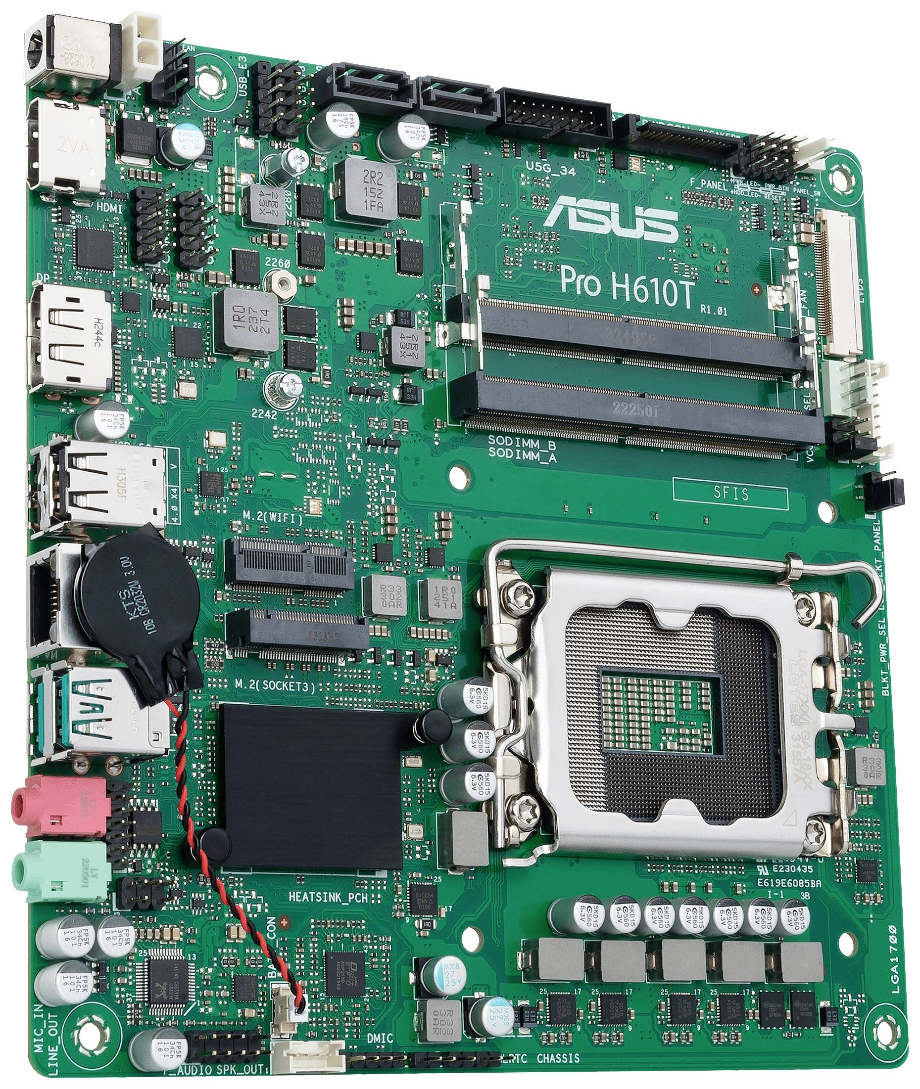 Mainboard mit 'ASUS Pro H610T' Beschriftung, zeigt CPU-Sockel, RAM-Steckplätze und diverse Anschlüsse für Peripheriegeräte.