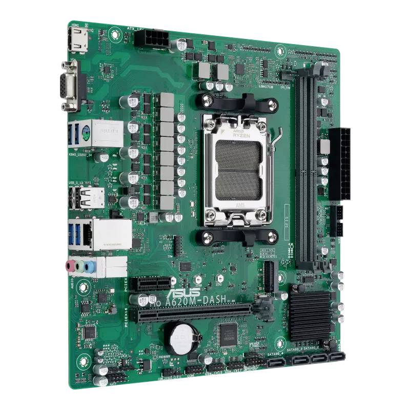 'Asus A620M-DASH Mainboard' zeigt Steckplätze, Anschlüsse und Komponenten auf einer grünen Platine, geeignet für Computerhardware-Setups.