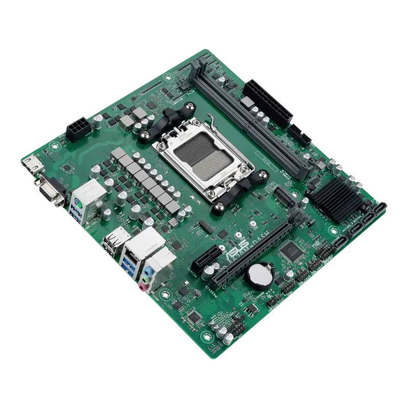 Eine grüne Computer-Mainboard-Platine mit verschiedenen Anschlüssen, Chips und einem CPU-Sockel in der Mitte.
