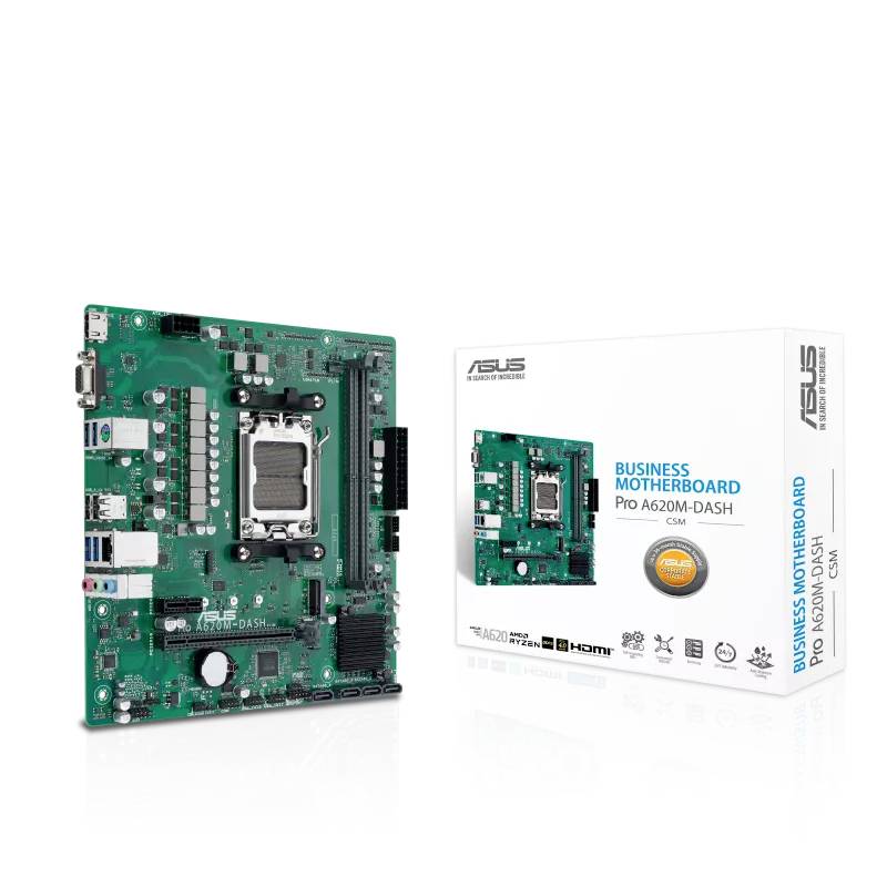Eine ASUS Pro A620M-DASH Hauptplatine und die zugehörige Verpackung. Die Platine zeigt Anschlüsse und Steckplätze für Komponenten.