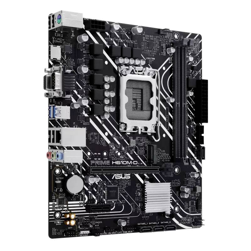 Schwarzes Motherboard ASUS Prime H610M-D mit weißen Akzenten, mehreren Steckplätzen und Anschlussmöglichkeiten, geeignet für Computerbau.