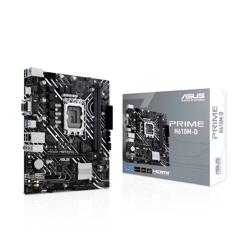Das Bild zeigt ein ASUS PRIME H610M-D Mainboard und seine Verpackung. Das Mainboard hat Steckplätze und Anschlüsse für Computerkomponenten.