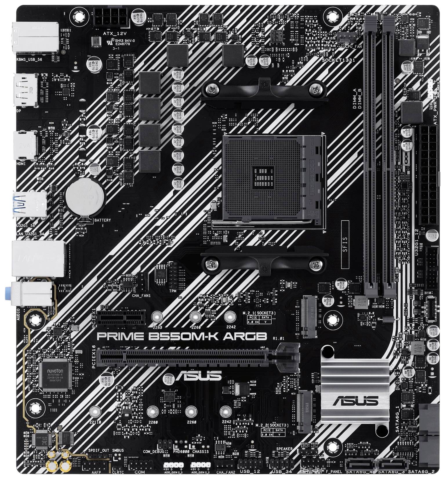 Schwarzes ASUS Prime B550M-K ARGB Mainboard mit weißen Streifen, mehreren Steckplätzen und Schnittstellen für Computerkomponenten.