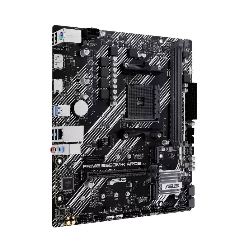 'ASUS Prime B550M-K' Motherboard mit schwarz-weißem Design, PCIe-Steckplätzen, RAM-Slots und Anschlussmöglichkeiten für Computeraufbau.