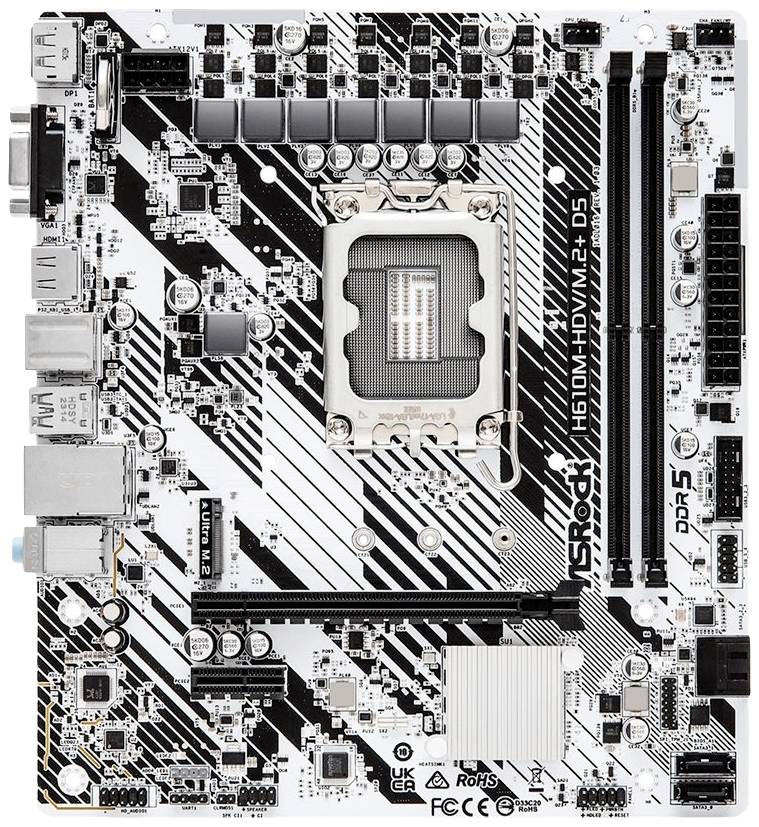 Eine Computer-Mainboard mit mehreren Anschlüssen und Steckplätzen. Sichtbar sind Slot für CPU, RAM-Steckplätze und Stromanschlüsse.