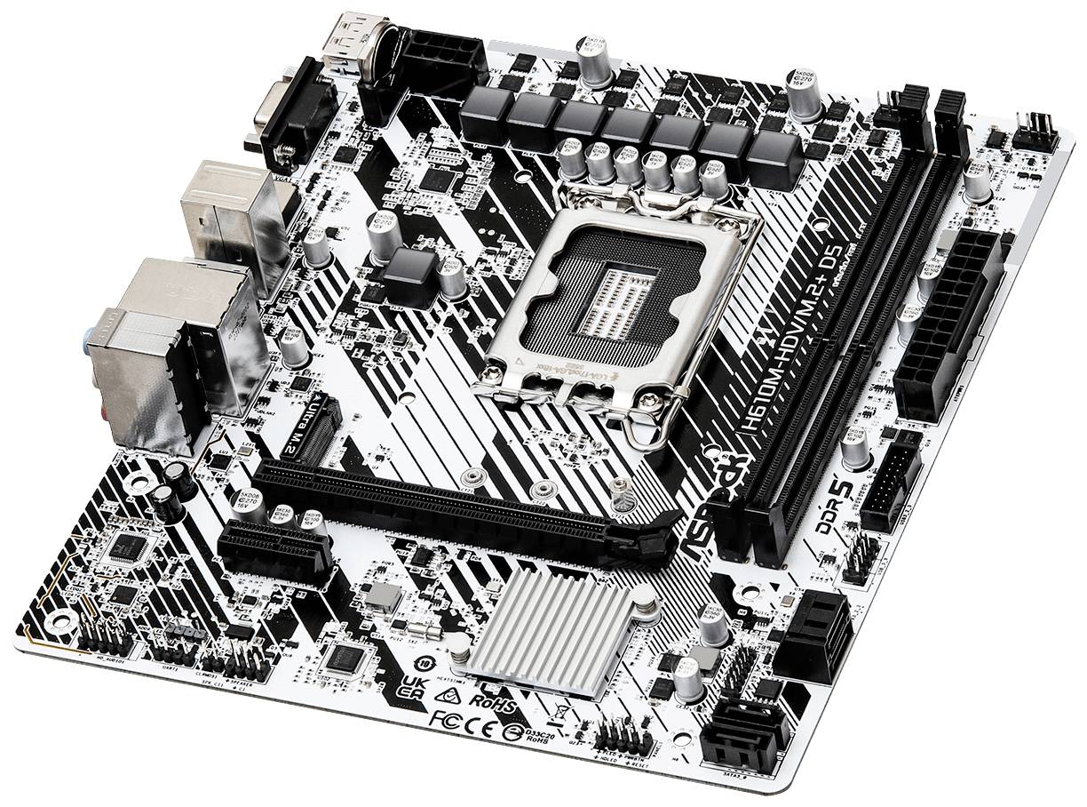 Ein Computer-Mainboard mit verschiedenen Anschlüssen und Steckplätzen, darunter CPU-Sockel, RAM-Steckplätze und Anschlüsse für Peripheriegeräte.