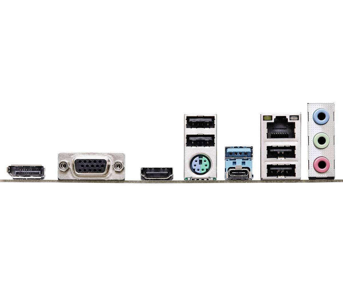 Rückseite eines Computer-Motherboards mit verschiedenen Anschlussports, darunter HDMI-, VGA-, USB-, Ethernet- und Audiobuchsen.