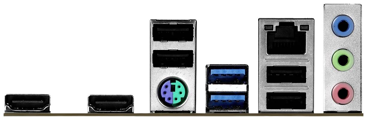 Rückseite eines Computer-Motherboards mit USB-, HDMI-, Ethernet- und Audiobuchsen für externe Verbindungen und Peripheriegeräte.