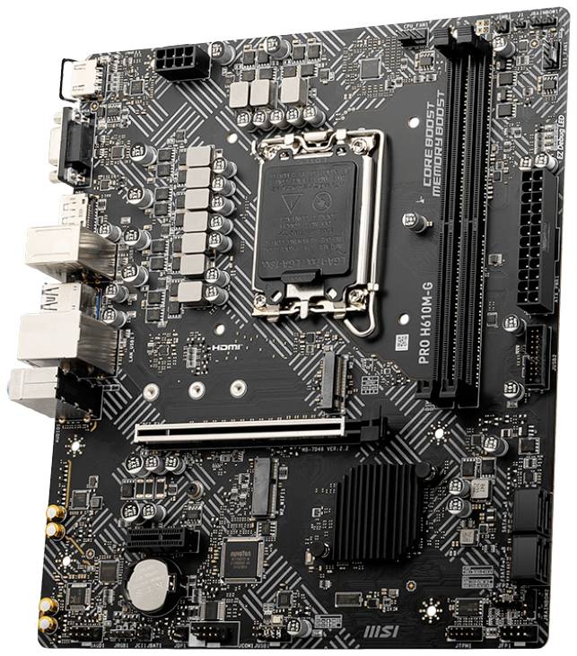 Schwarzes Mainboard mit mehreren Anschlüssen und Steckplätzen, inkl. HDMI-Port und RAM-Steckplätze. Designed für Computeraufbau.