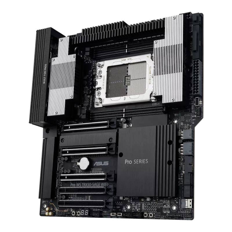 Motherboard ASUS Pro WS WRX80E-SAGE SE WIFI mit mehreren PCIe-Steckplätzen, RAM-Slots und Kühlkörpern, konzipiert für Workstations.