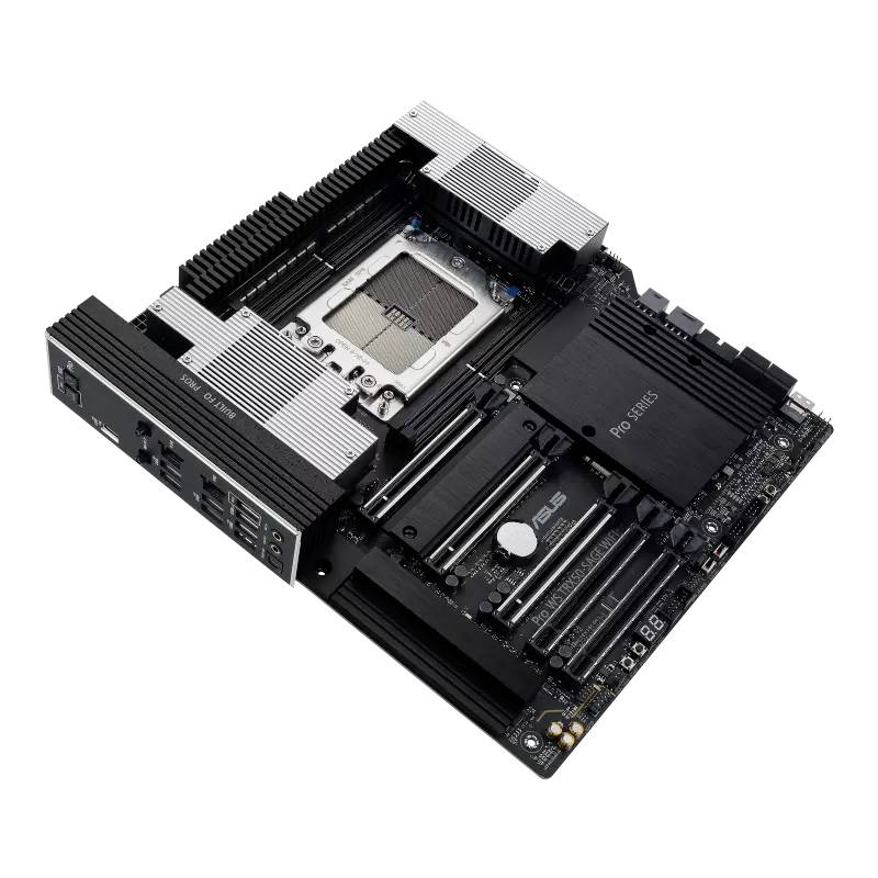 Eine Computer-Mainboard mit freiliegendem CPU-Steckplatz und mehreren Erweiterungssteckplätzen, geeignet für High-Performance-Anwendungen.