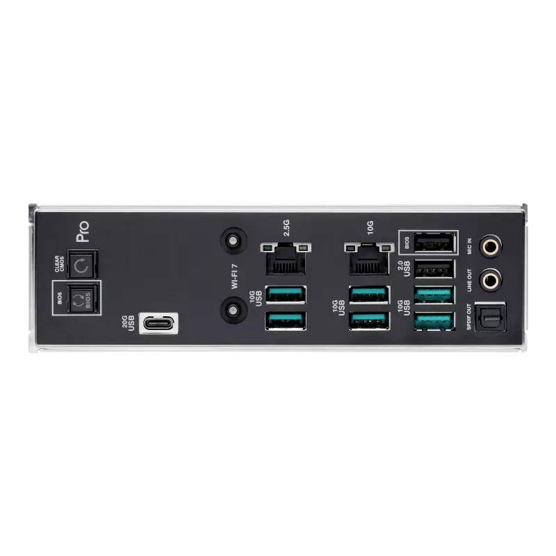Rückseite eines Computergehäuses mit mehreren USB-Anschlüssen, Netzwerkanschlüssen, Audioanschlüssen und Stromversorgungsschalter.