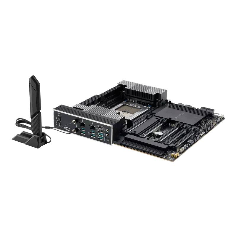 Ein Computer-Motherboard mit mehreren Steckplätzen und Schnittstellen, daneben steht eine externe Antenne. Geeignet für Technik-Enthusiasten.