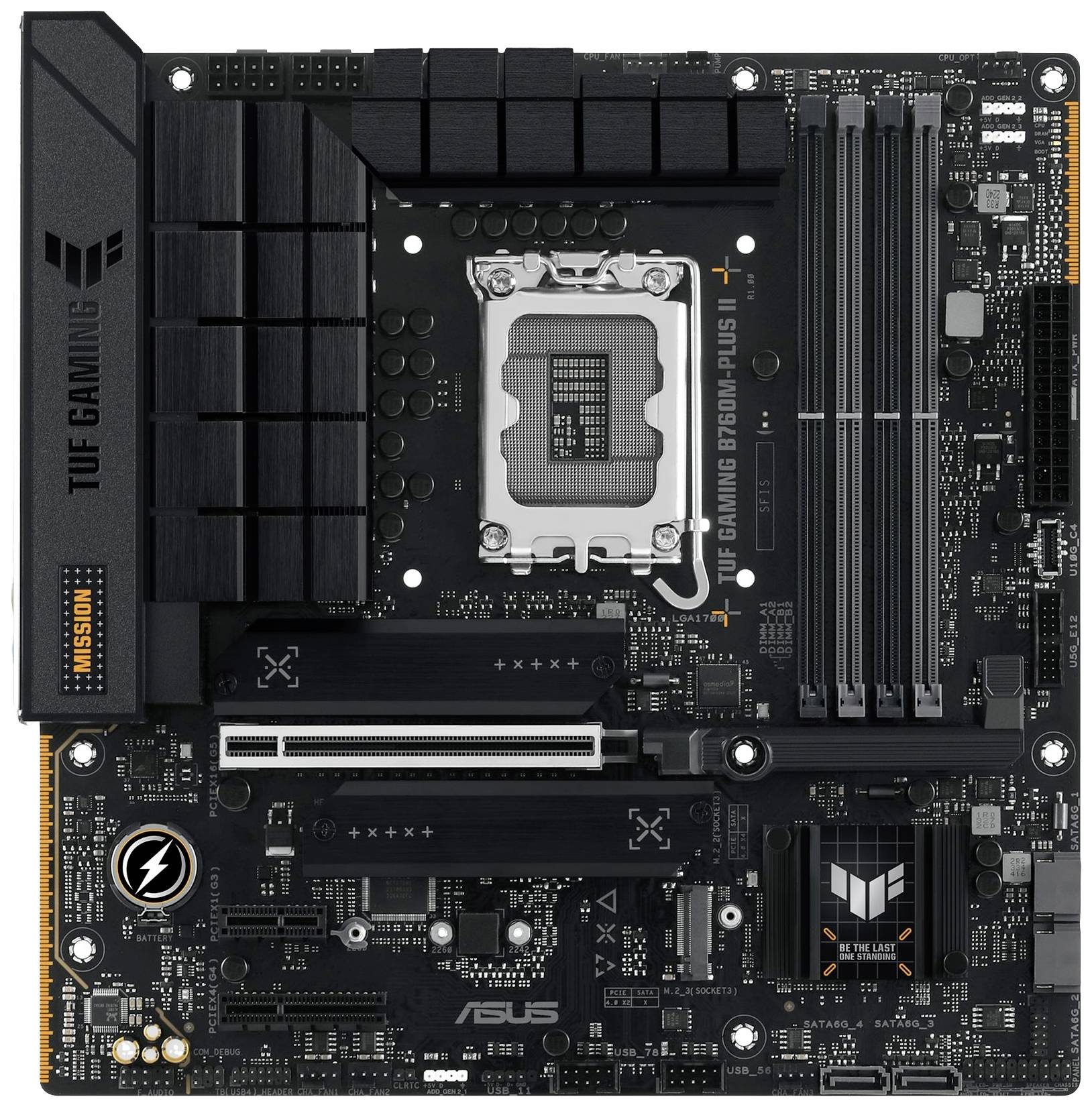 Eine schwarze Hauptplatine mit der Aufschrift 'TUF Gaming', mehreren RAM-Steckplätzen und einem CPU-Sockel in der Mitte.