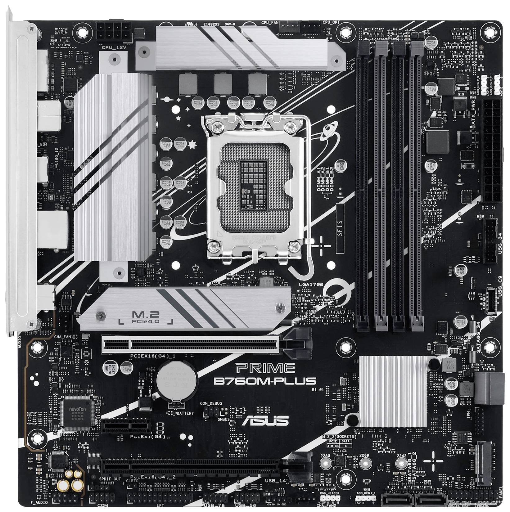Eine Hauptplatine eines Computers mit mehreren Steckplätzen und Anschlüssen, einschließlich Speichersteckplätze und einer CPU-Fassung in der Mitte.