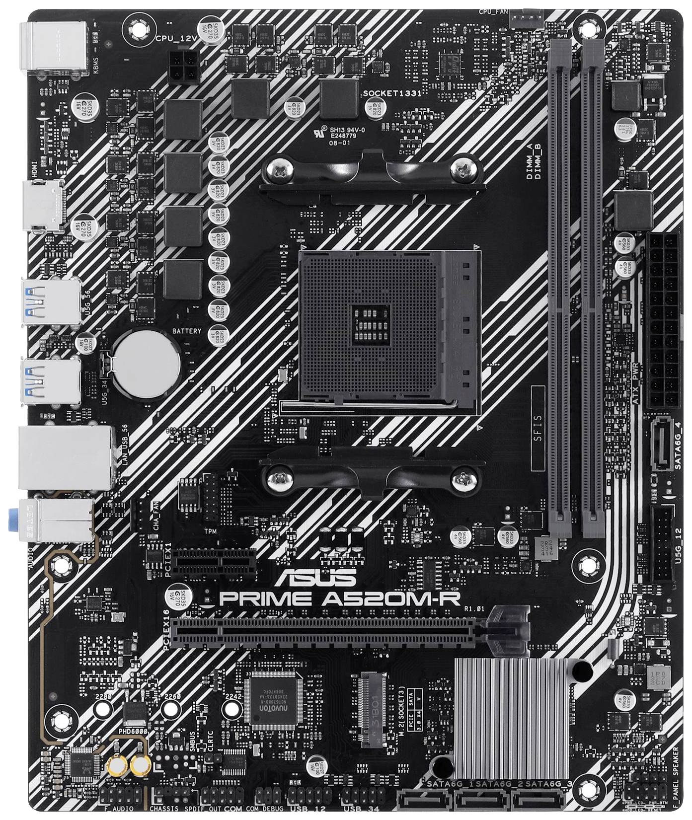 Schwarze ASUS Prime A520M-R Motherboard mit weißen Linien, zahlreiche Anschlüsse und Steckplätze für CPUs, RAM und Erweiterungskarten.