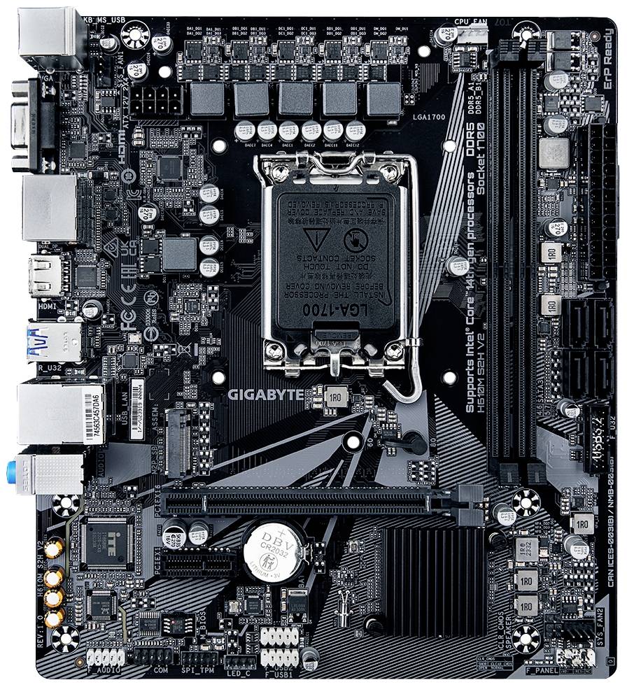 Eine schwarze und graue Computer-Motherboard-Platine mit verschiedenen Anschlüssen und Komponenten, darunter der CPU-Sockel.