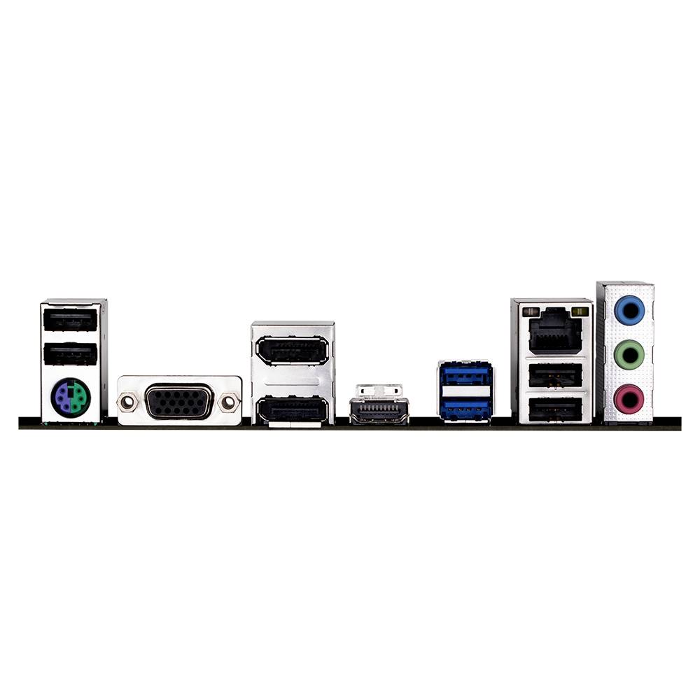 Rückansicht eines Computer-Motherboards mit verschiedenen Anschlüssen: USB, VGA, HDMI, DisplayPort, Ethernet und Audio-Buchsen.