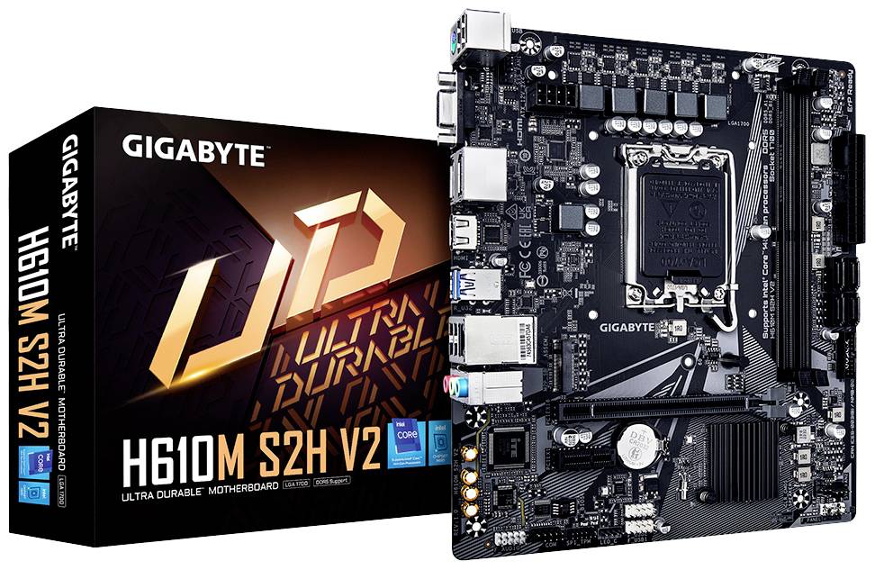 Gigabyte H610M S2H V2 Mainboard neben der Verpackung, zeigt Anschlüsse und Komponenten für Computerbau.
