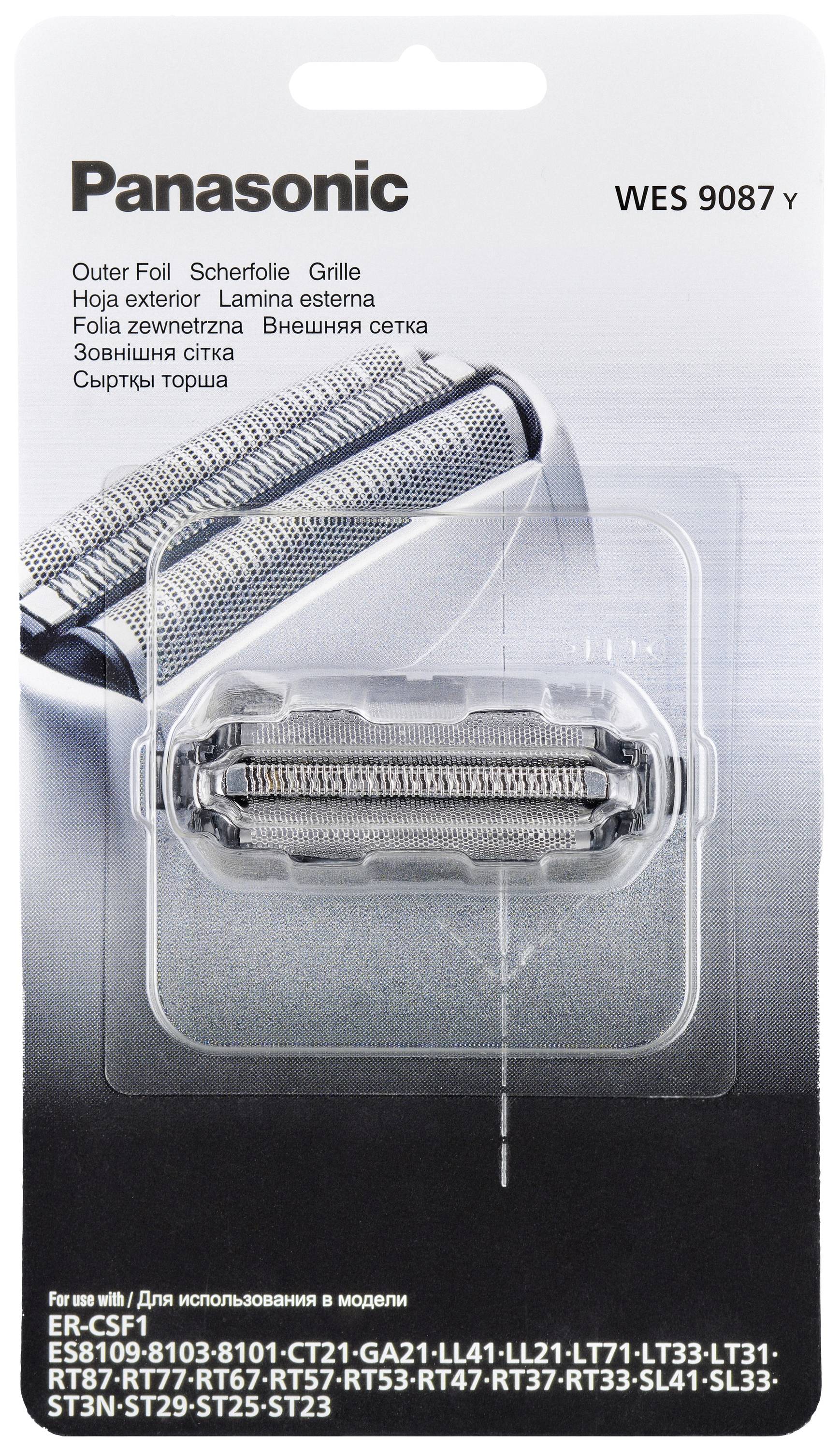 'Panasonic Ersatzscherfolie WES9087Y' für Elektrorasierer. Verpackung zeigt Ersatzteil und Spezifikationen.