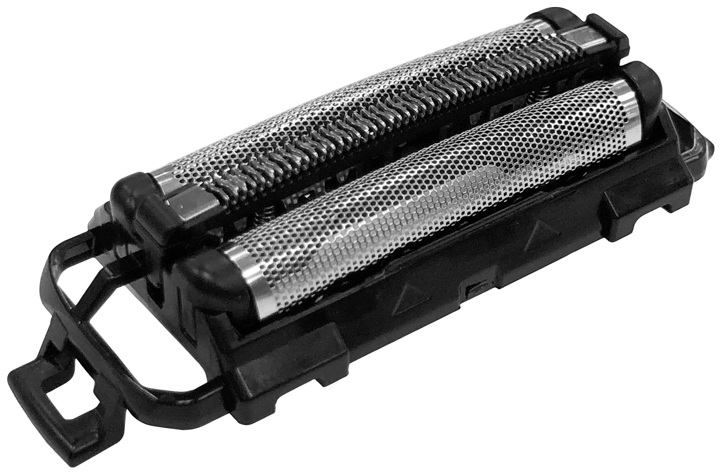 Ersatzrasierkopf für Elektrorasierer, mit zwei Folien und schwarzen Kunststoffteilen.