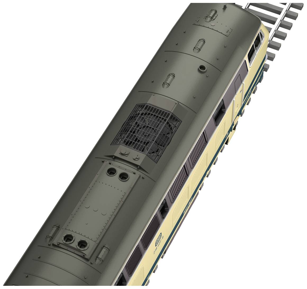 Eine gelb-grüne Lokomotive von oben betrachtet auf Schienen. Mehrere Ventilatoren und Gitter sind auf dem Dach sichtbar.