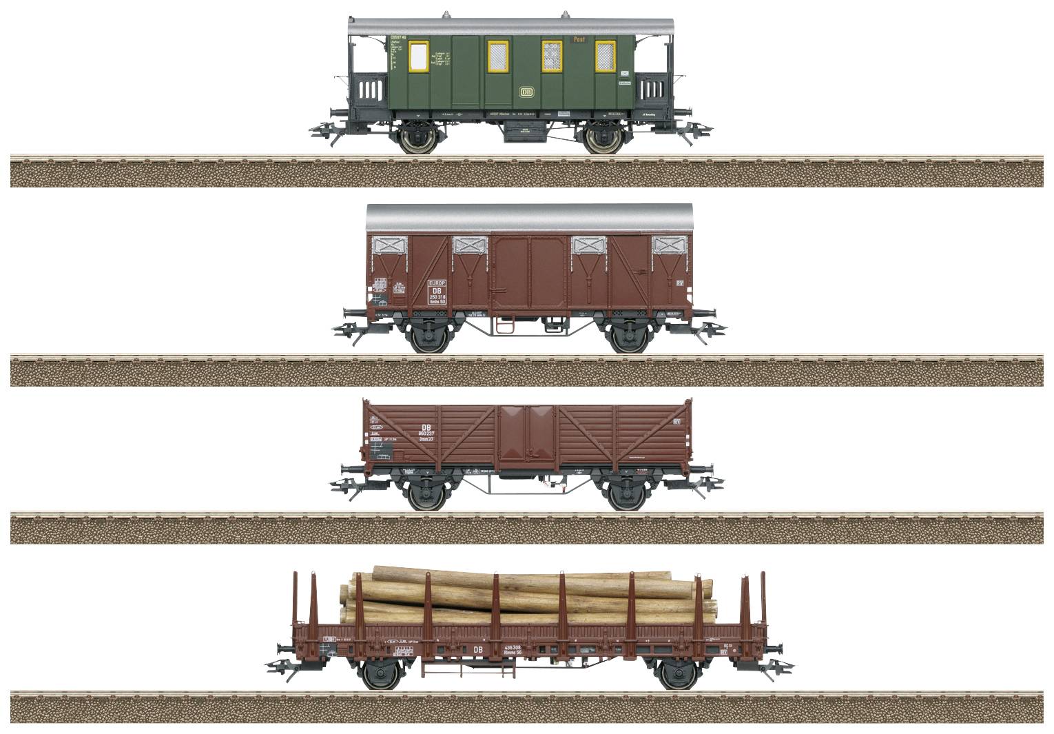 Vier Güterwaggons auf Bahngleisen. Von oben nach unten: Personenwaggon, zwei gedeckte Güterwaggons, offener Waggon mit Holzstämmen.