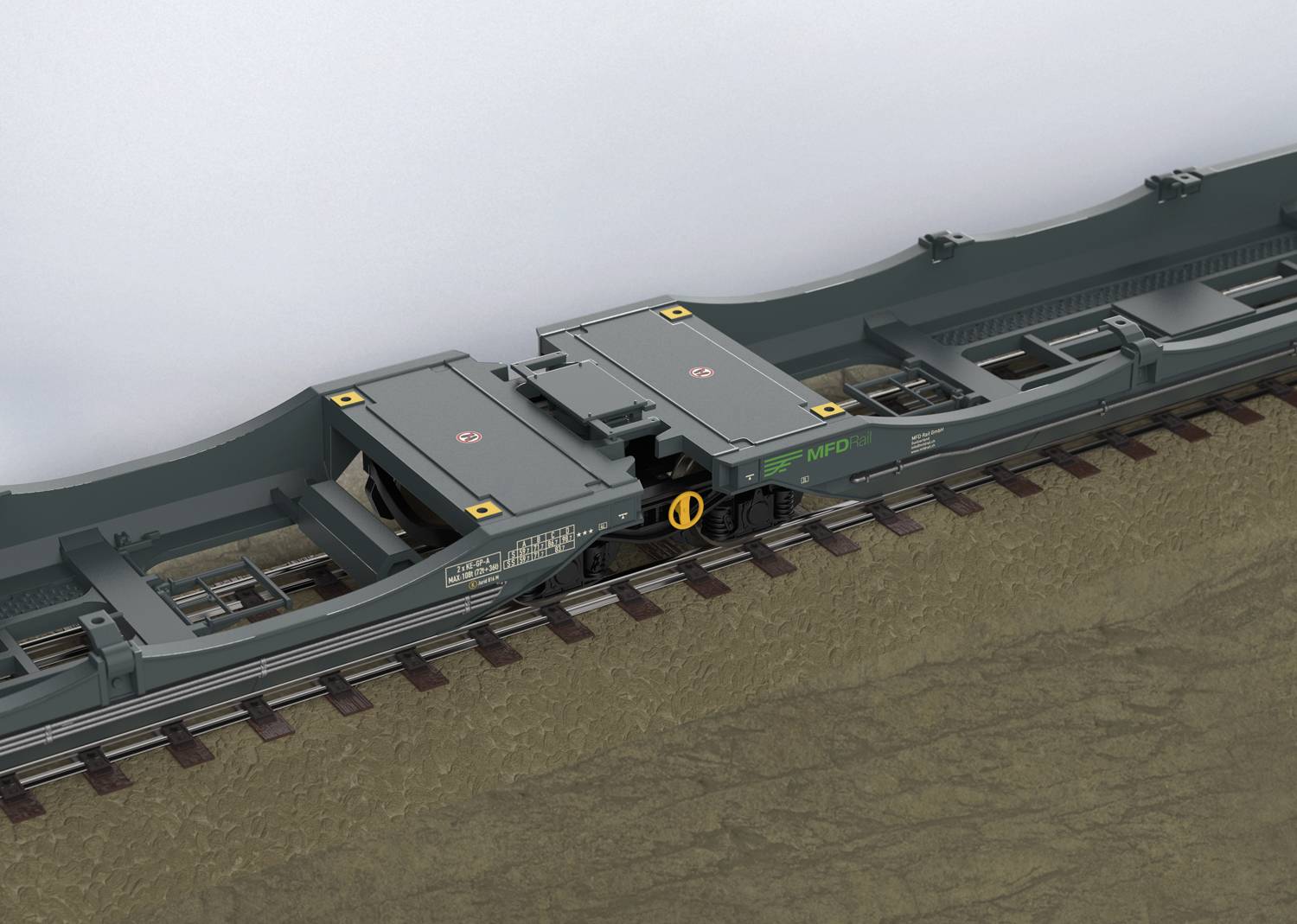 Ein Güterzugwaggon mit verstellbarer Ladefläche auf Gleisen, betont die Flexibilität zur Anpassung an verschiedene Frachtgrößen.