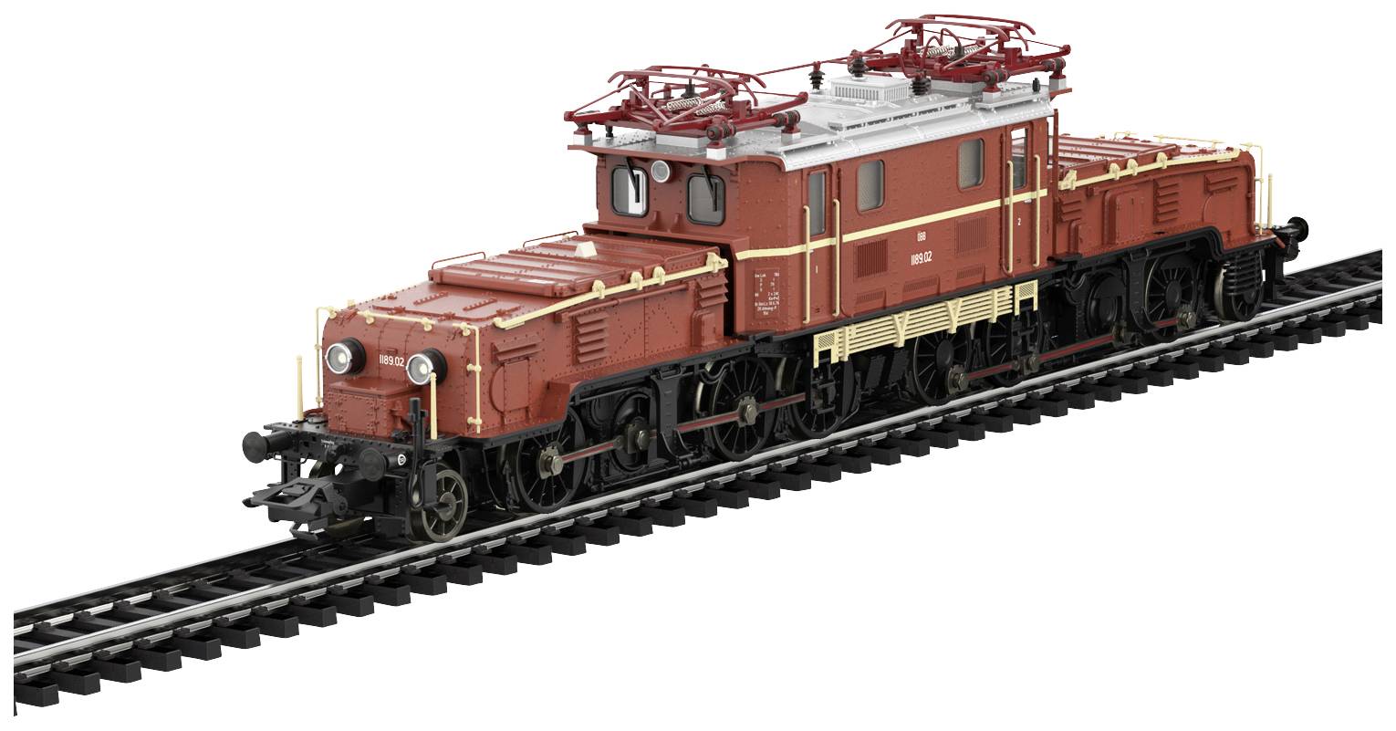 Ein historisches Modell eines roten Elektro-Lokomotivs auf Gleisen, detailliert mit Pantografen und Beschriftungen. Ideal für Modelleisenbahnen.