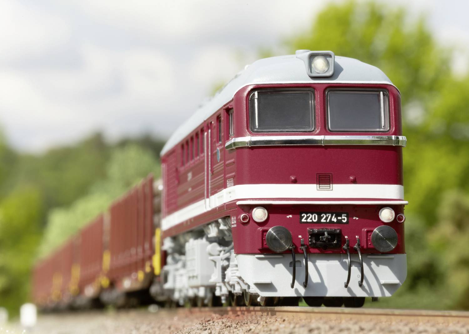 Eine rote Lokomotive zieht einen Güterzug auf einer Strecke. Hintergrund zeigt unscharfe Bäume und Himmel.