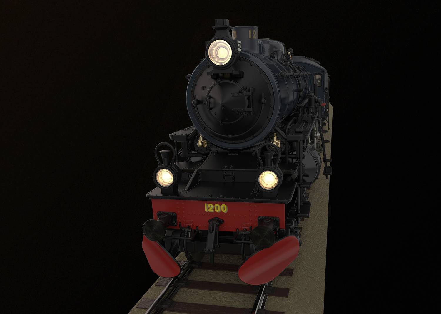 Eine schwarze Dampflokomotive mit der Nummer '1200' fährt auf Schienen, leuchtende Frontlichter, dunkler Hintergrund.