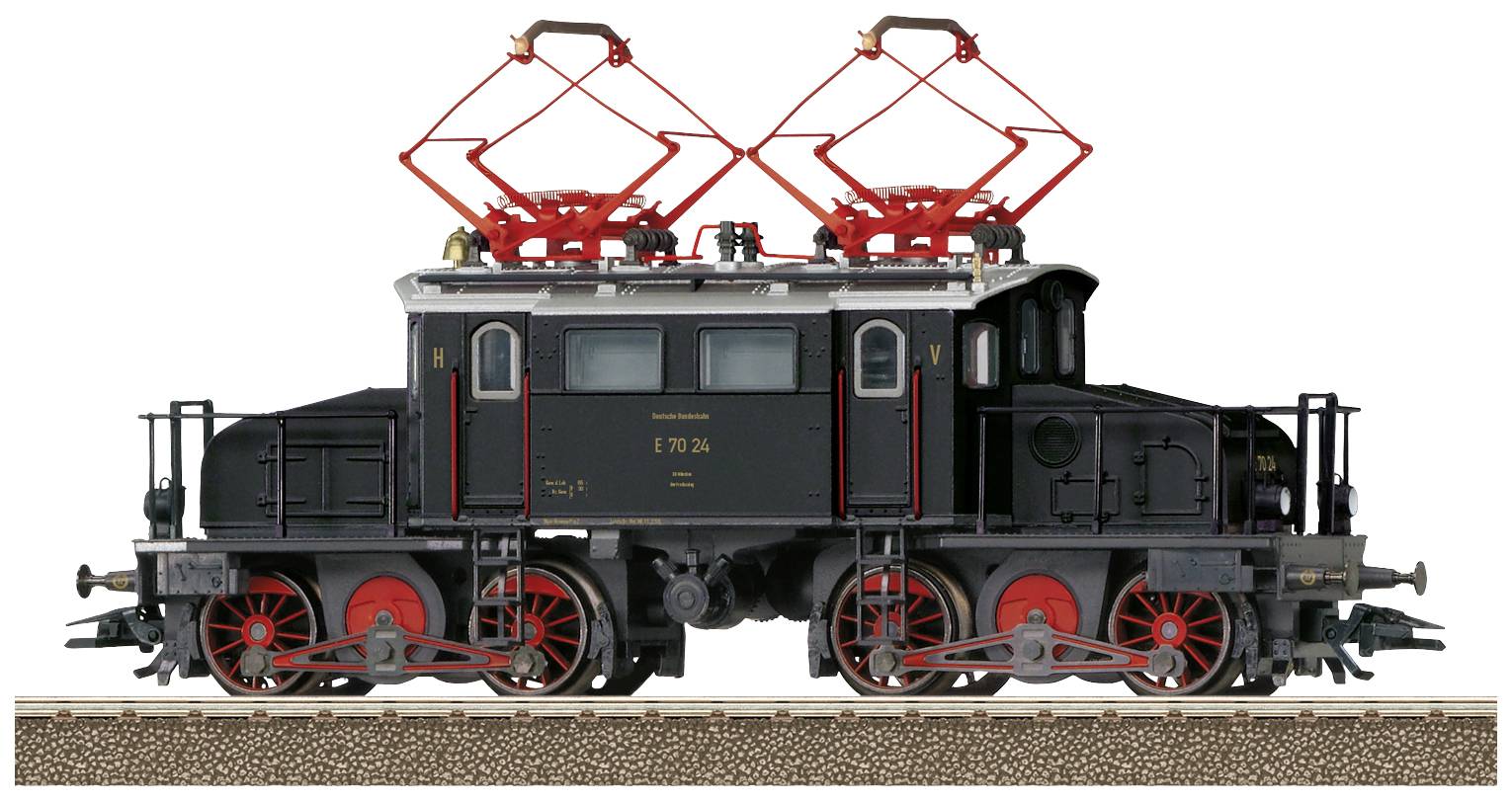 Ein schwarzes Modell einer historischen Elektrolokomotive mit roten Details steht auf einem Gleis. Sie hat zwei Stromabnehmer oben.