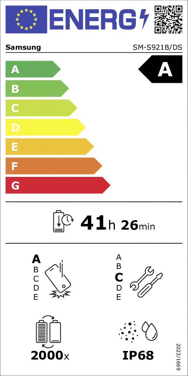EU-Energielabel für Samsung SM-S921B/DS mit Energieeffizienzklasse 'A'. Merkmale: 41h 26min Akkulaufzeit, 2000x Ladungen, IP68-Schutzklasse.