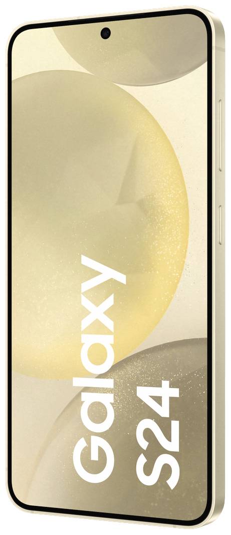 Smartphone mit großem Bildschirm, schmalen Rändern und vertikaler Aufschrift 'Galaxy S24' in weiß auf der Vorderseite.