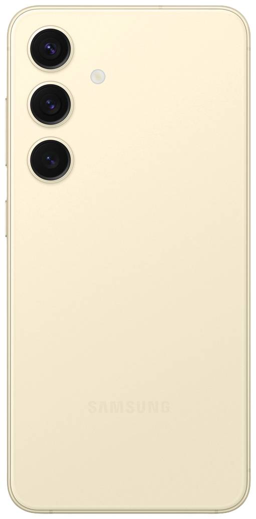 Rückseite eines modernen Smartphones in beige mit drei vertikal angeordneten Kameralinsen und einem Flash.