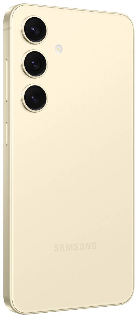 Ein modernes Smartphone in hellem Beige, vertikal positioniert, mit drei Kameras auf der Rückseite.