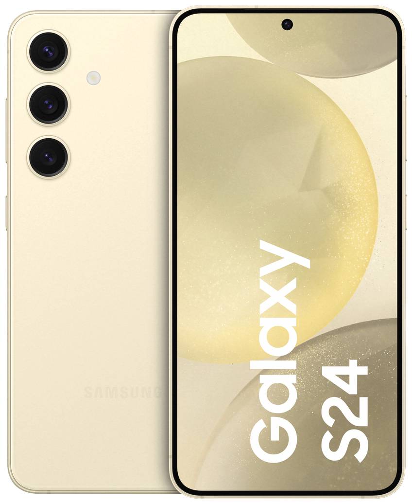 Ein Samsung Galaxy S24 Smartphone in beige, Vorder- und Rückseite sichtbar. Links drei horizontale Kameras, rechts Display mit 'Galaxy S24' Text.