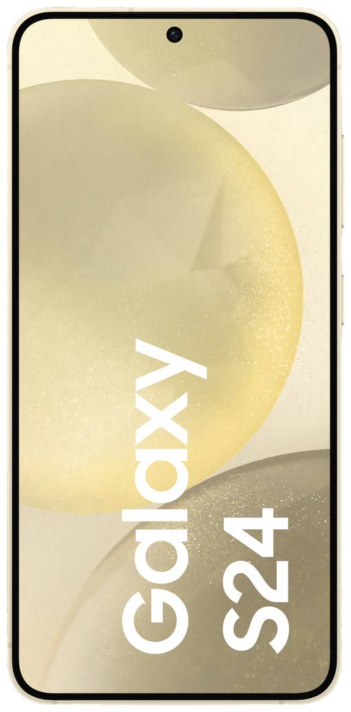 Smartphone mit großem Display, zeigt 'Galaxy S24' in weißer Schrift. Hintergrund in sanften Beige- und Brauntönen.