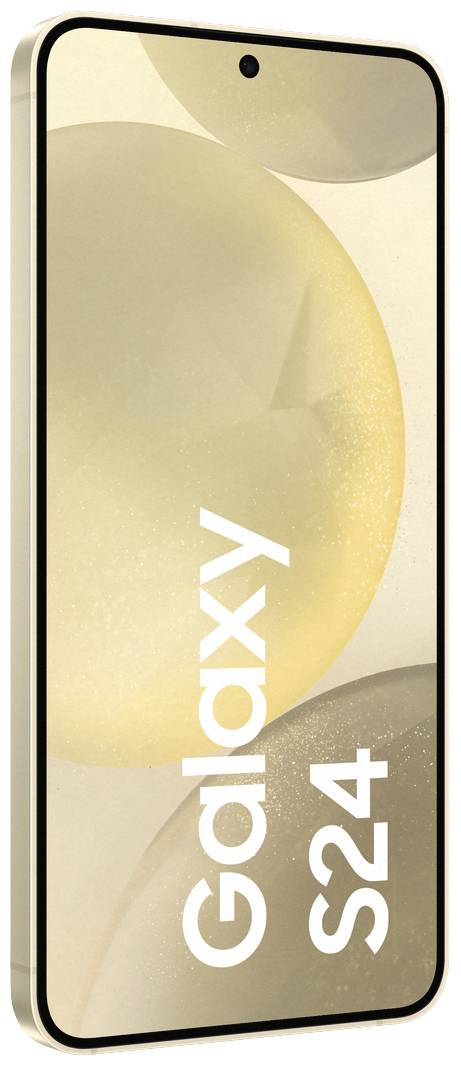 Smartphone in Gold, Vorderansicht, mit 'Galaxy S24' auf dem Bildschirm angezeigt.