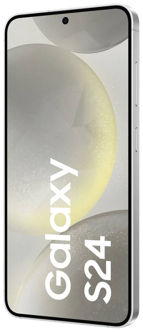 Smartphone Galaxy S24 in seitlicher Vorderansicht. Es zeigt das Display mit dem Modellnamen. Modernes, schlankes Design.