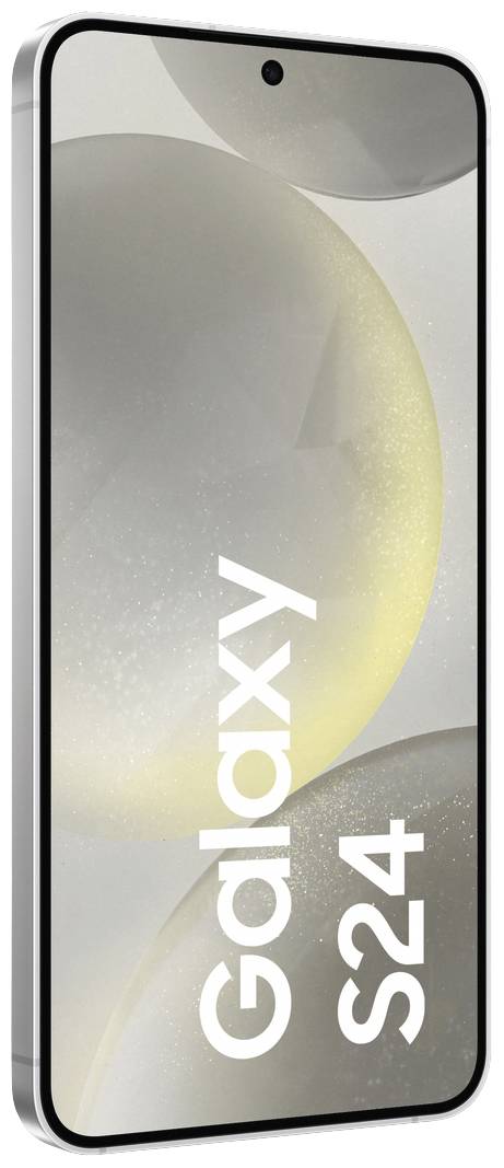 Smartphone 'Galaxy S24' mit randlosem Display, grauen und gelben Akzenten auf dem Bildschirm.
