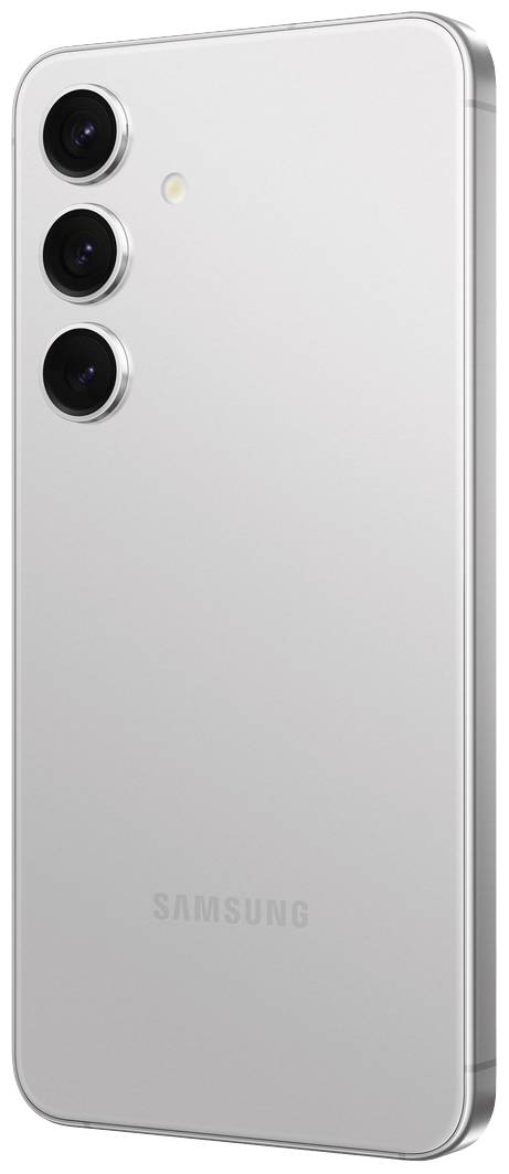 Smartphone mit drei vertikalen Kameralinsen und einem LED-Blitz auf der silbernen Rückseite.
