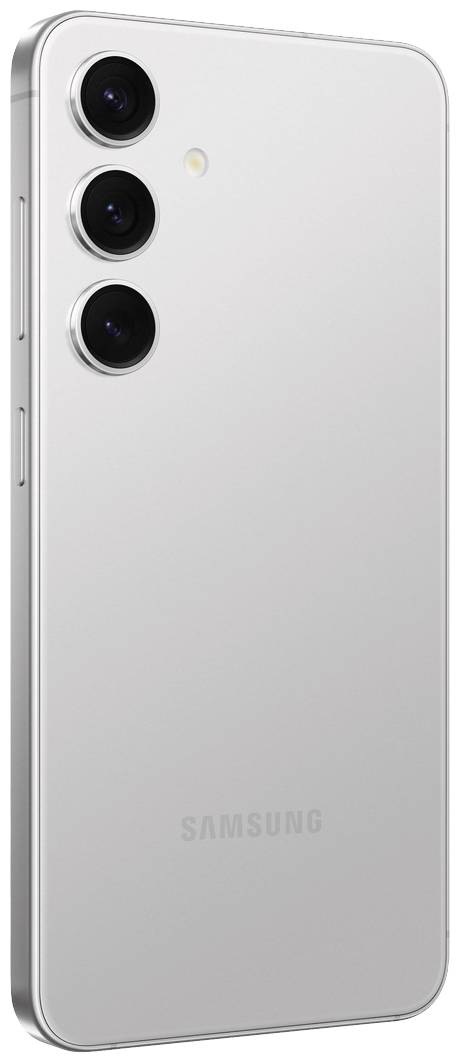 Ein modernes Smartphone in Silber, aufrecht stehend, mit drei Kameras auf der Rückseite. Es zeigt ein schlichtes, elegantes Design.