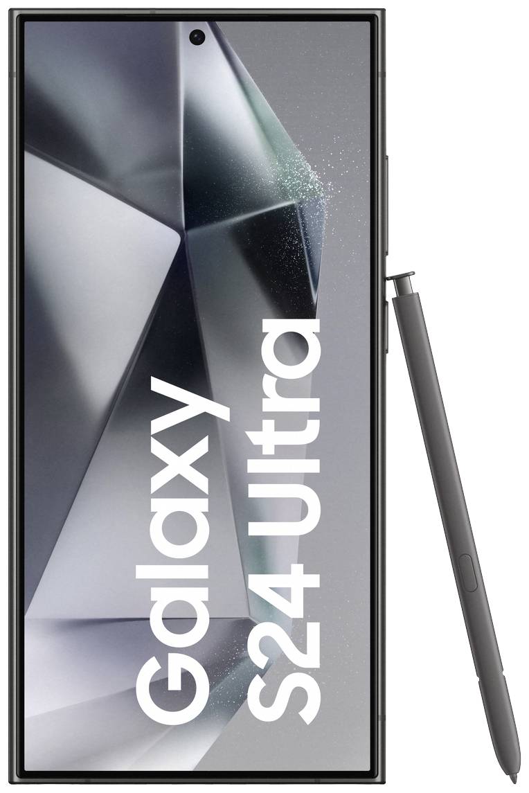 Ein Smartphone mit der Aufschrift 'Galaxy S24 Ultra' auf dem Display und einem danebenliegenden Stift.