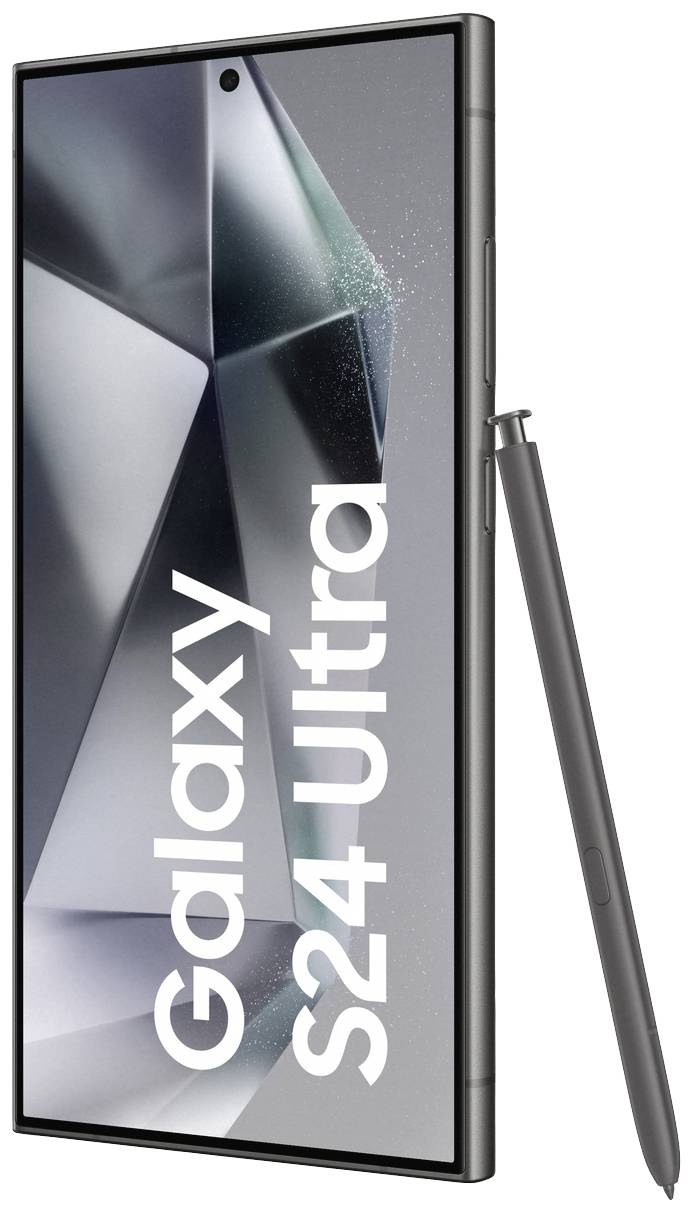 Smartphone 'Galaxy S24 Ultra' mit modernem, rechteckigem Design und großem Display. Links daneben ein Stift.
