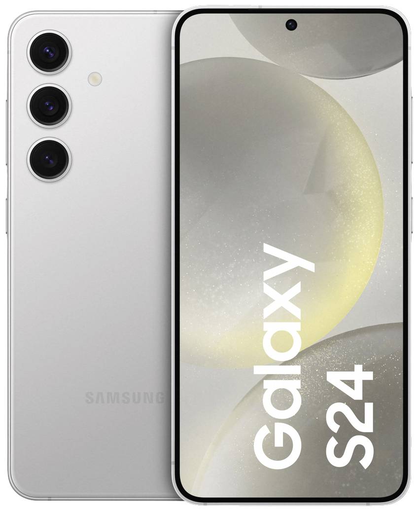 Ein silbernes Smartphone mit drei Kameralinsen auf der Rückseite. Auf dem Bildschirm steht 'Galaxy S24'.