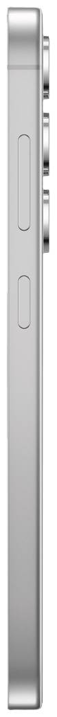 Seitliche Ansicht eines modernen Smartphones in Silber, zeigt zwei Tasten und drei Kameralinsen.